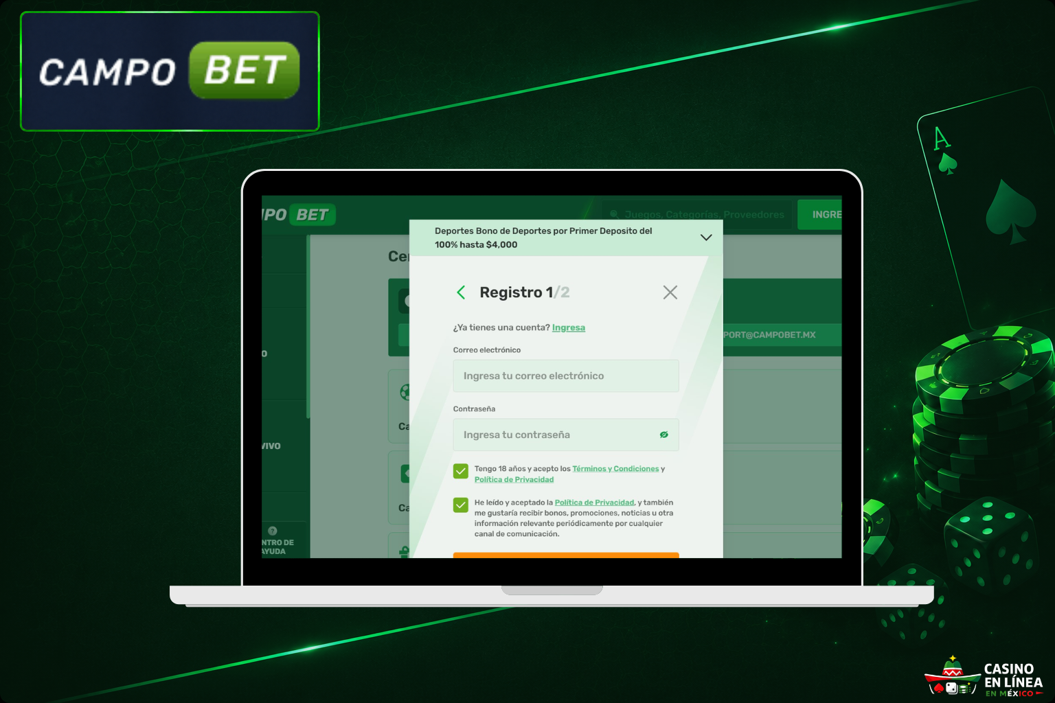 Formulario de registro en el sitio web del Casino CampoBet