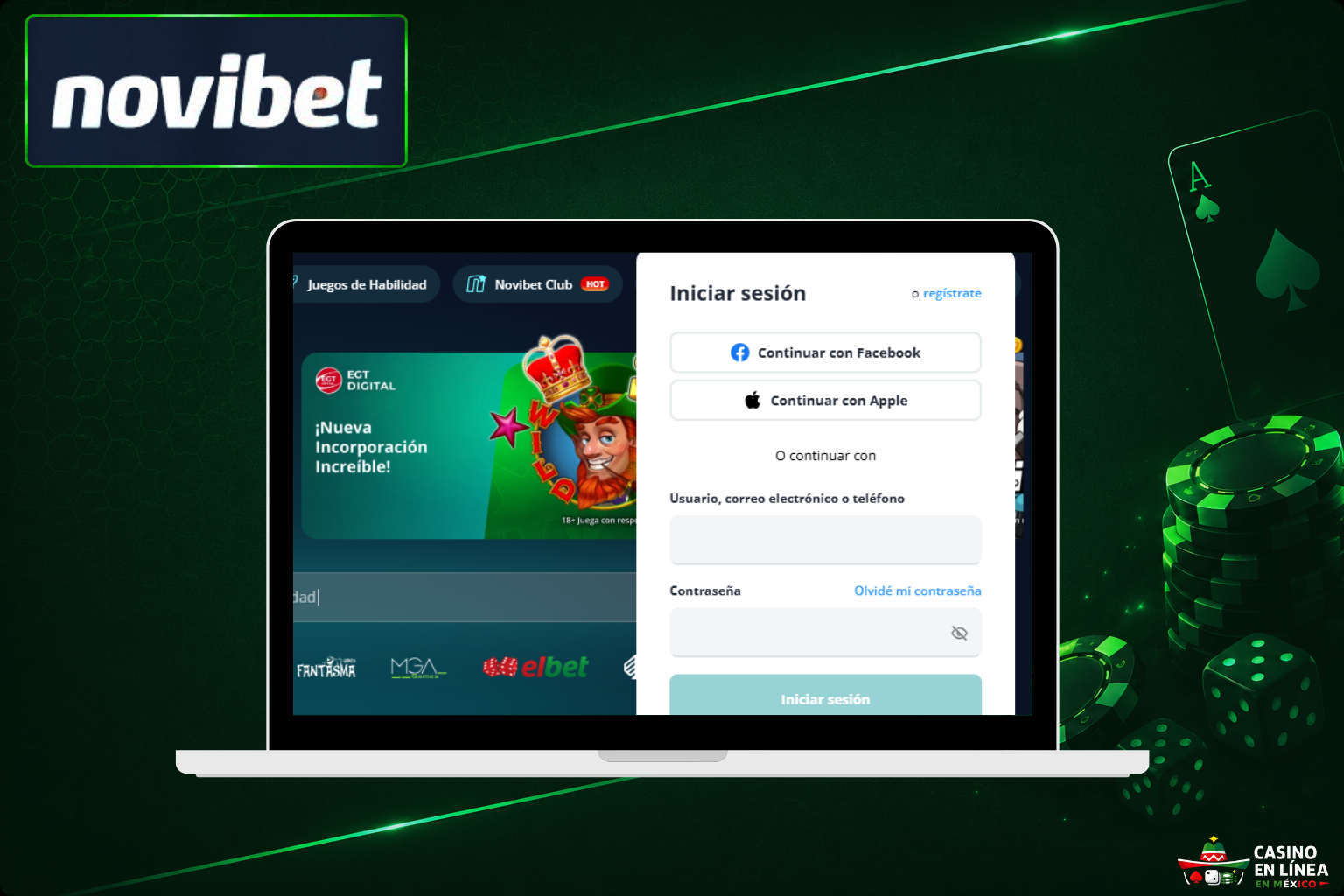 Inicia sesión en tu cuenta personal en el sitio web de Novibet Casino