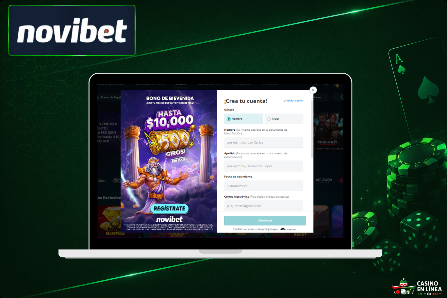 Regístrate en el sitio web del casino Novibet