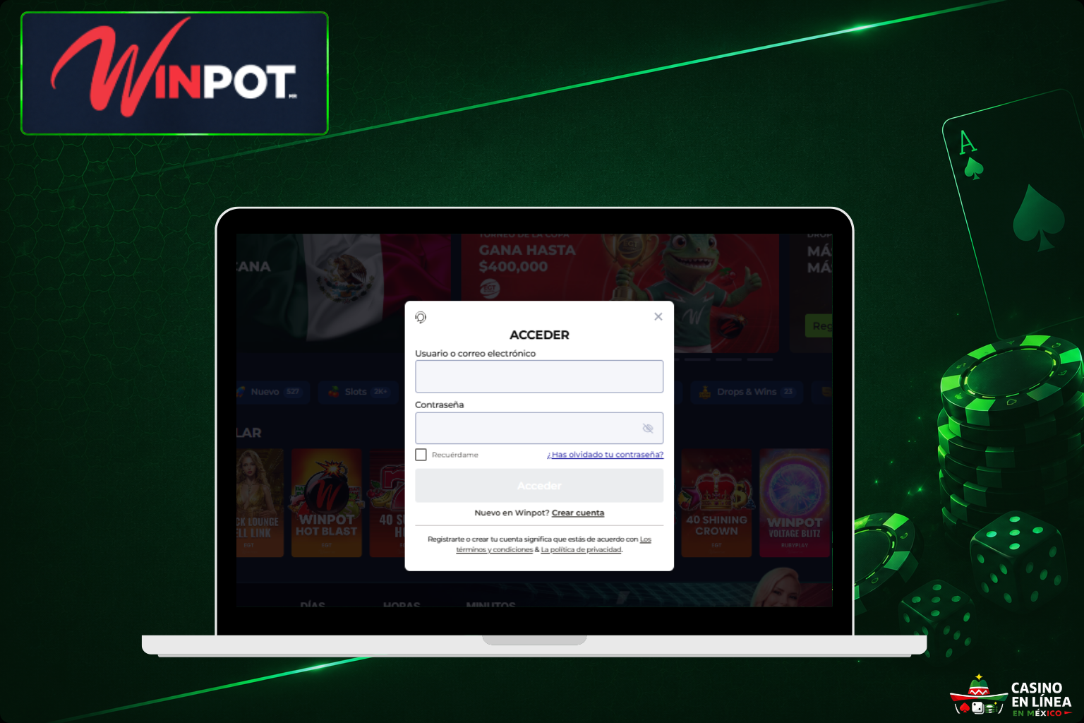 Inicia sesión en tu cuenta personal en el sitio web de Winpot Casino