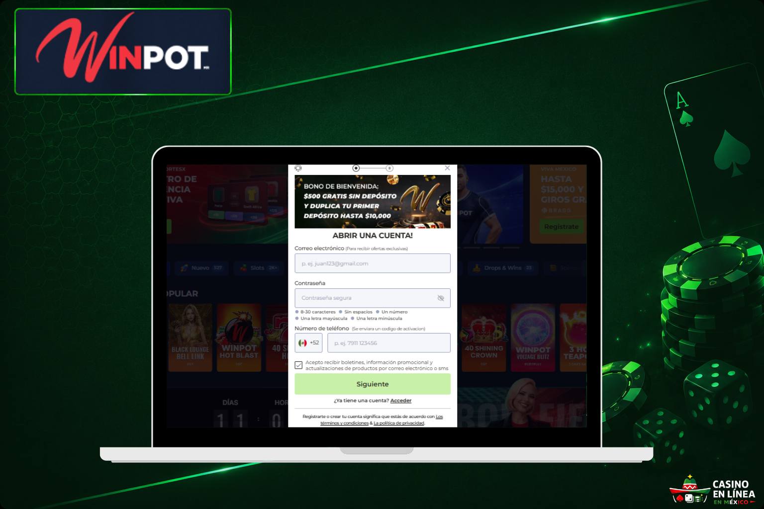 Regístrate en el sitio web de Winpot Casino